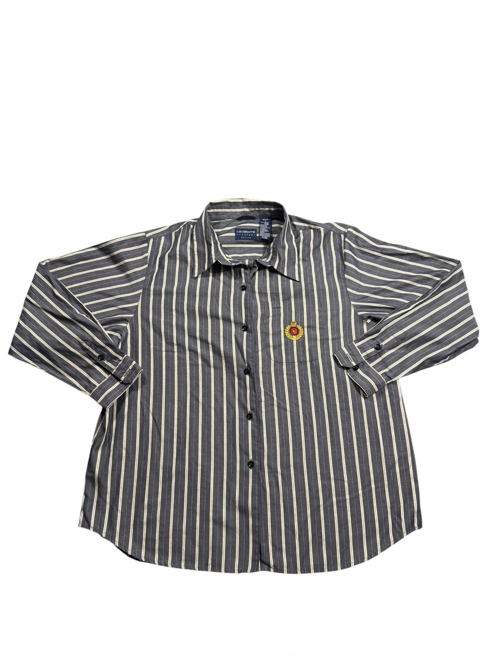 Liz Claiborne Petite Large 100% Cotton Navy & White Striped Button-Down Shirt